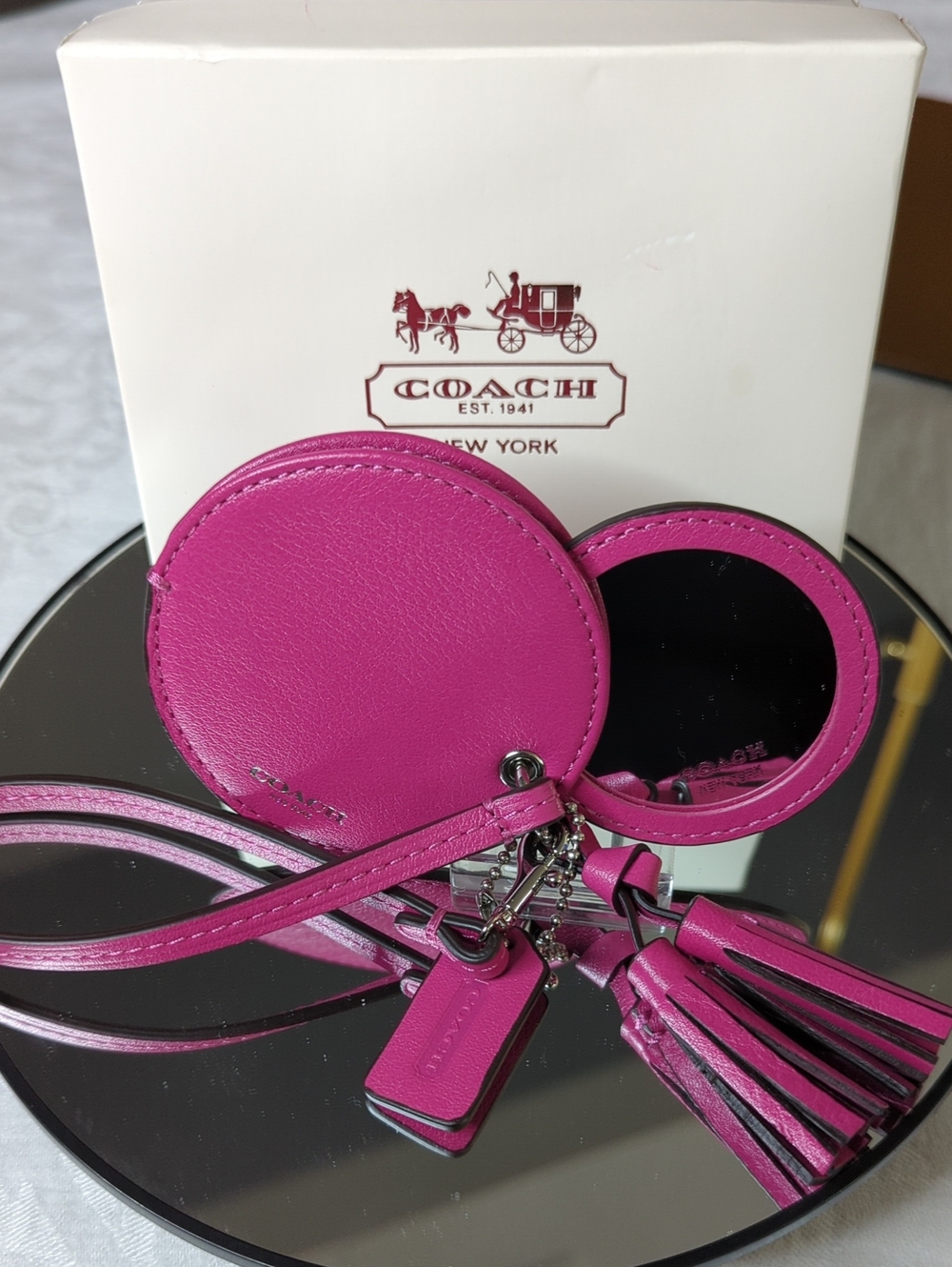 Coach Fuchsia Pink Leather Compact Mirror Tassel Bag Charm